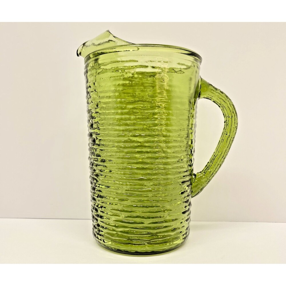 Vintage Anchor Hocking Soreno Avocado 9" Large Pitcher Textured Pressed Bark-EXC